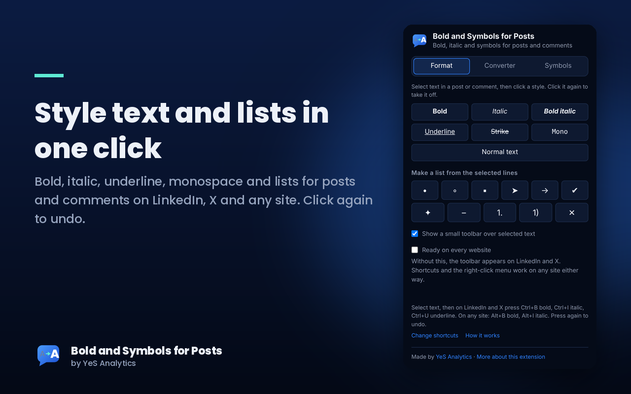 The extension side panel with style and list buttons