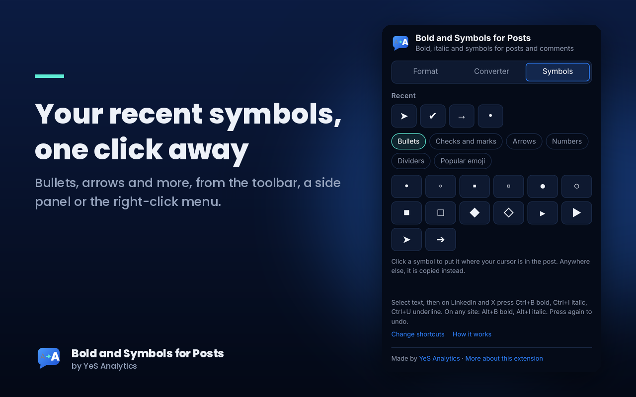 The Symbols tab with a grid of bullets and other symbols