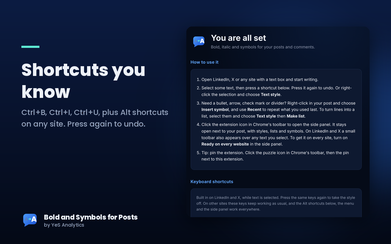 The welcome page showing the keyboard shortcuts